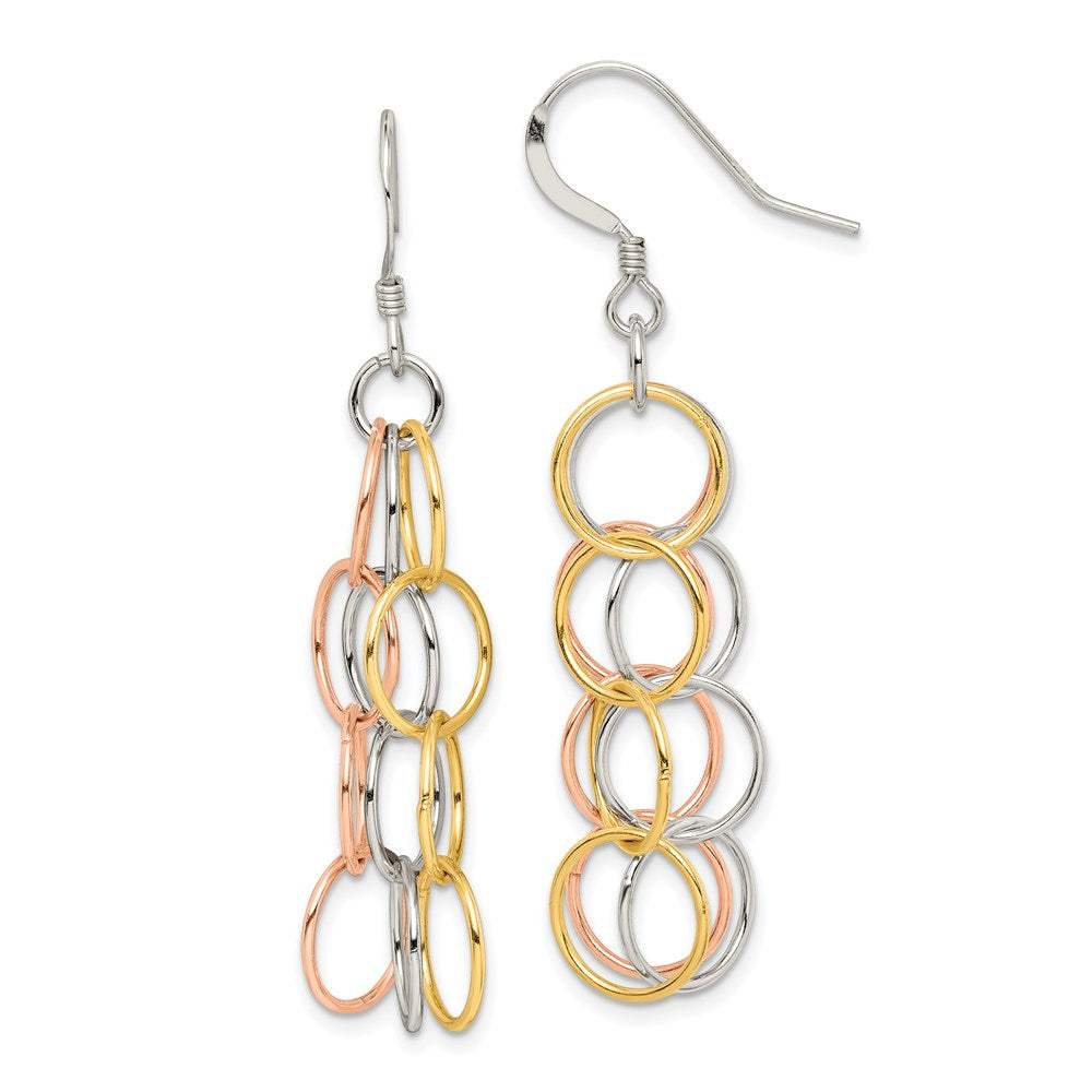 Sterling Silver w/ Tri-color Vermeil Polished Circle Link Dangle Earrings, 31 x 6 mm