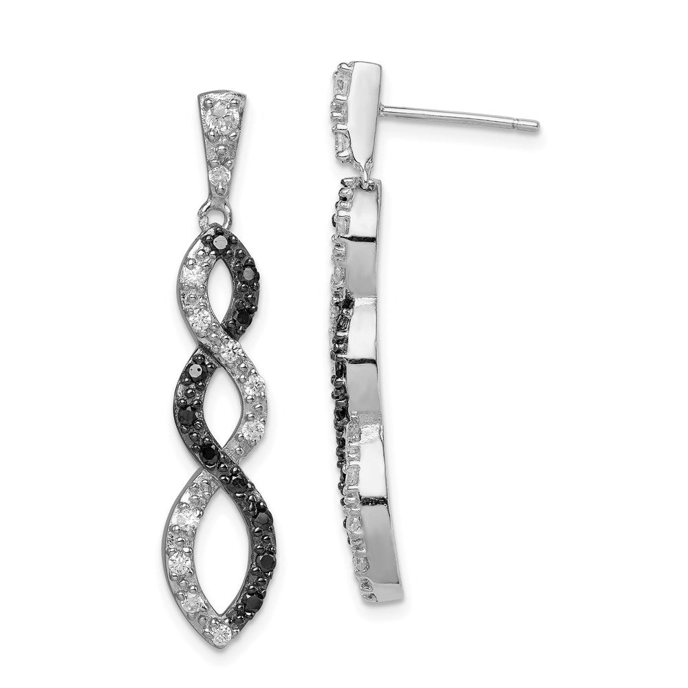 Sterling Silver Rhod-plated Black & White CZ Twist Post Dangle Earrings, 37 x 8 mm