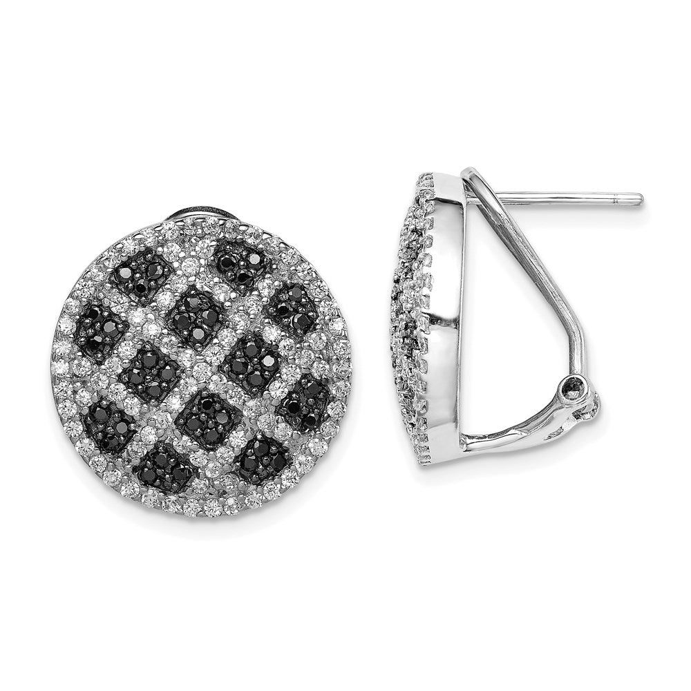 Sterling Silver Rhod-pltd Black/White CZ Criss Cross Omega Back Earrings, 18 x 18 mm