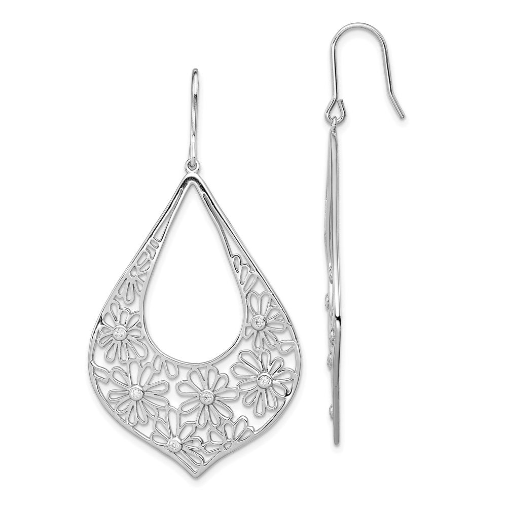 Sterling Silver Rhodium-plated Polished CZ Floral Teardrop Dangle Earrings, 59 x 31 mm
