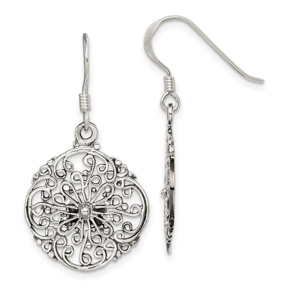 Sterling Silver Polished & Antiqued Filigree Circle Dangle Earrings, 36 x 19 mm