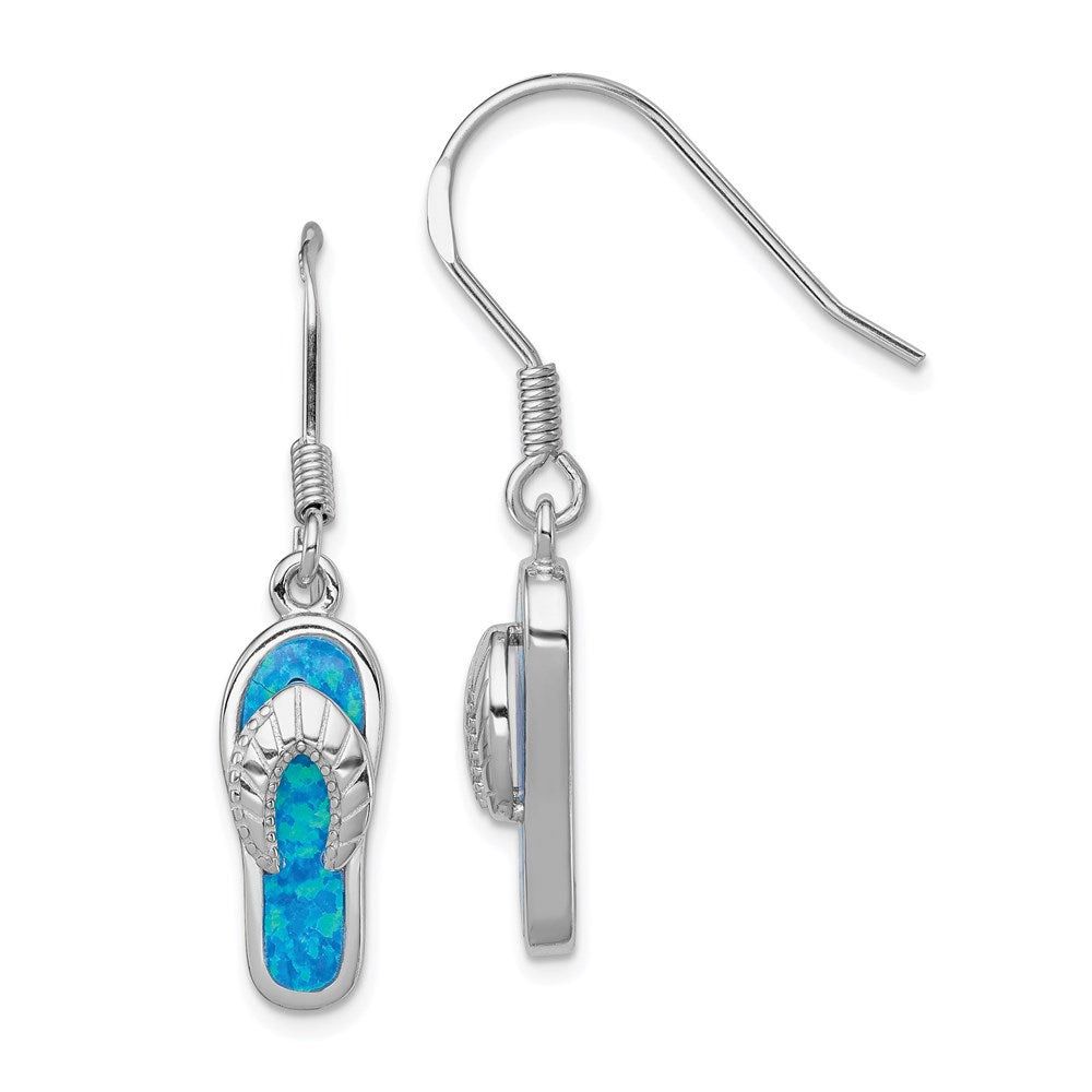 Sterling Silver Rhodium-plated Created Blue Inlay Opal Sandal Dangle Earrings, 36 x 8 mm