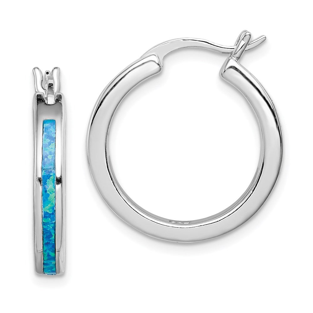 Sterling Silver Rhodium-plated Created Blue Opal Inlay Round Hoop Earrings, 23 x 20 mm