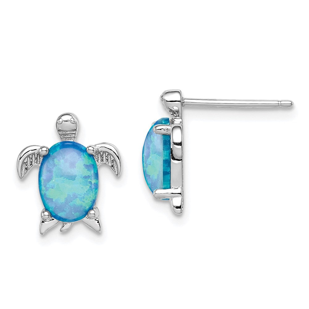 Sterling Silver Rhodium-plated Created Opal Polished Turtle Post Earrings, 12 x 10 mm