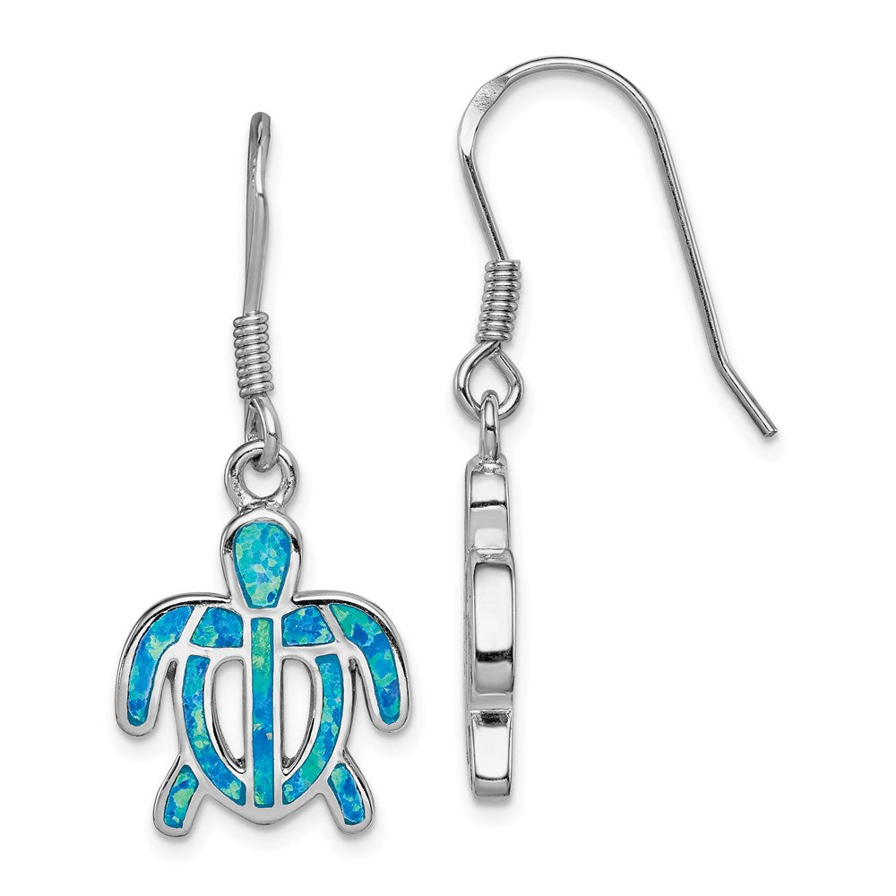 Sterling Silver Rhodium-plated Created Blue Opal Inlay Tortoise Dangle Earrings, 35 x 14 mm