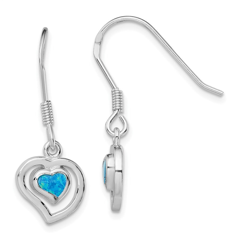 Sterling Silver Rhod-pltd Created Blue Opal Inlay Heart Dangle Earrings, 28 x 11 mm