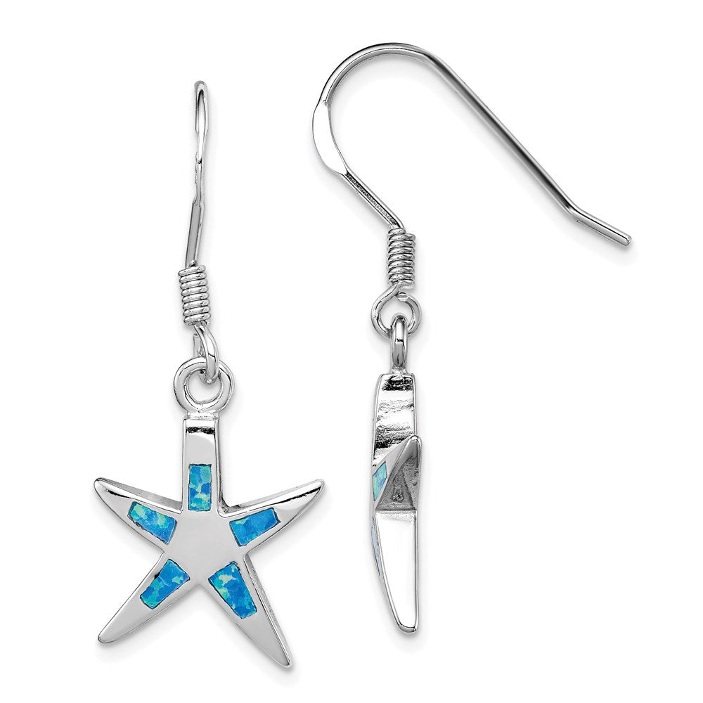 Sterling Silver Rhodium-plated Polished Created Blue Opal Inlay Starfish Dangle Earrings, 33 x 14 mm