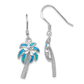 Sterling Silver Rhodium-plated Created Blue Opal Inlay Palm Tree Dangle Earrings, 38 x 12 mm