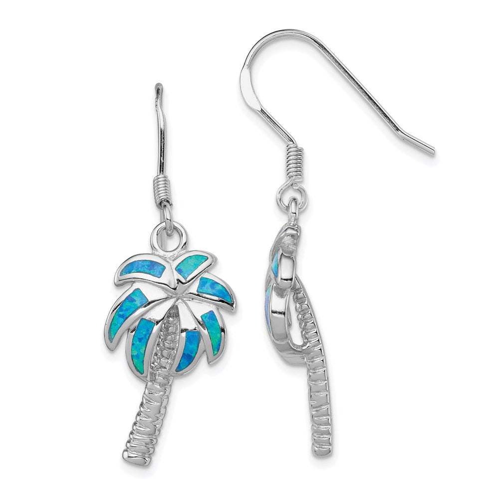 Sterling Silver Rhodium-plated Created Blue Opal Inlay Palm Tree Dangle Earrings, 38 x 12 mm