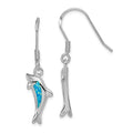 Sterling Silver Rhodium-plated Polished Created Blue Opal Inlay Dolphin Dangle Earrings, 35 x 11 mm