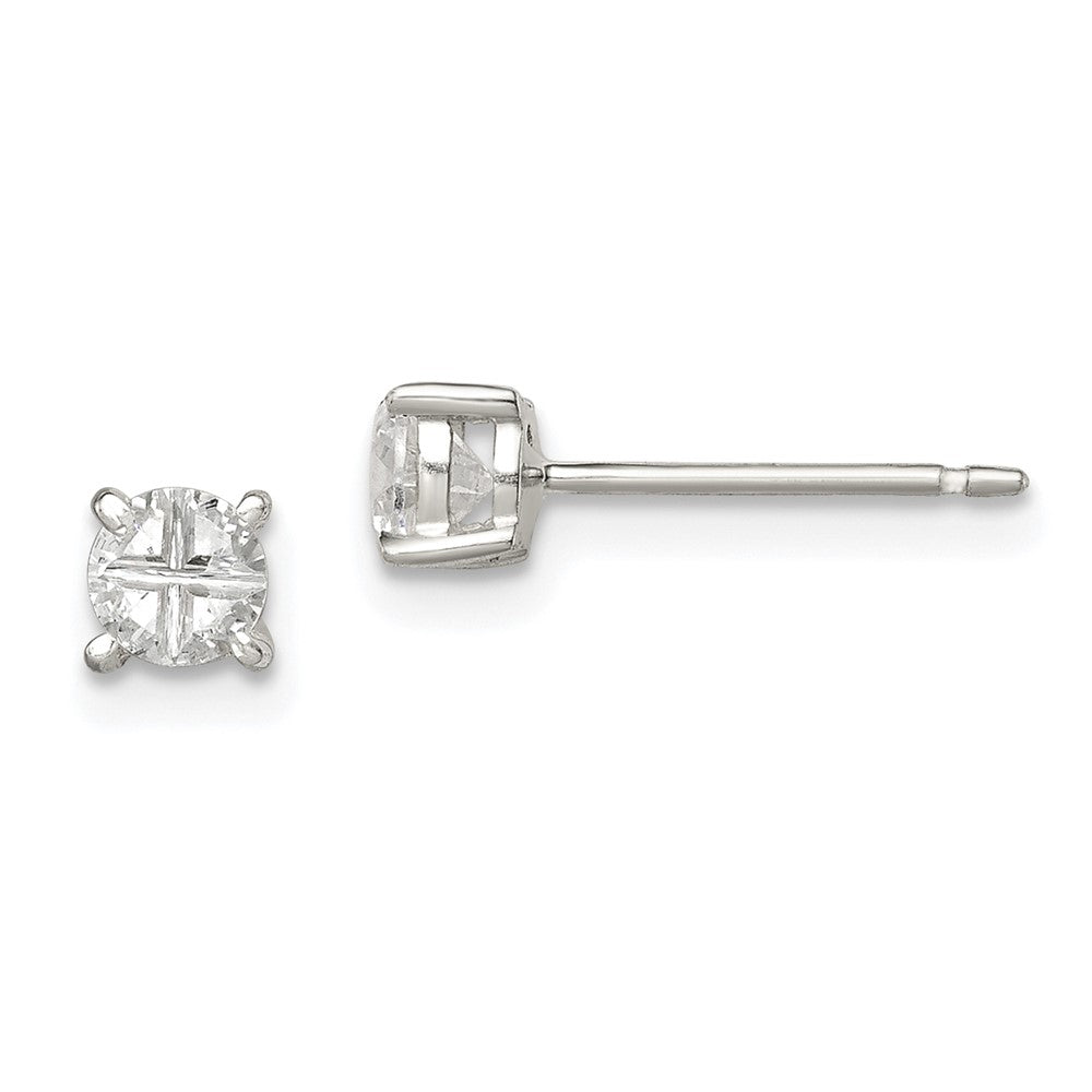 Sterling Silver 4mm Round Basket Set Cross-cut CZ Stud Earrings, 4 x 4 mm