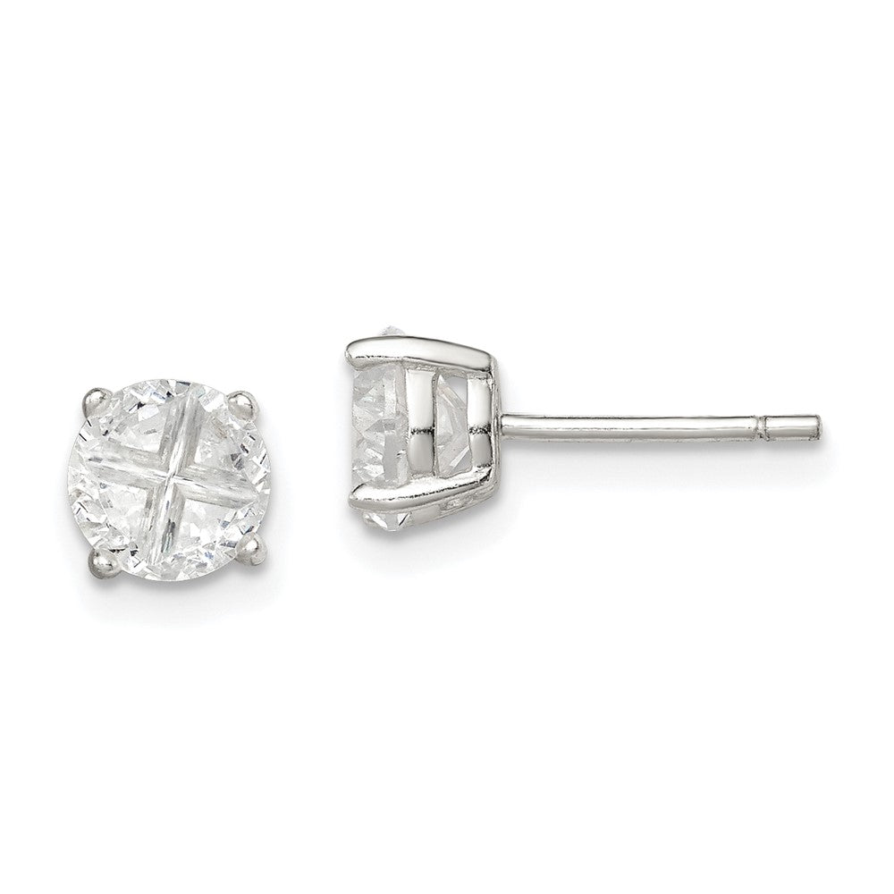 Sterling Silver 6mm Round Basket Set Cross-cut CZ Stud Earrings, 6 x 6 mm