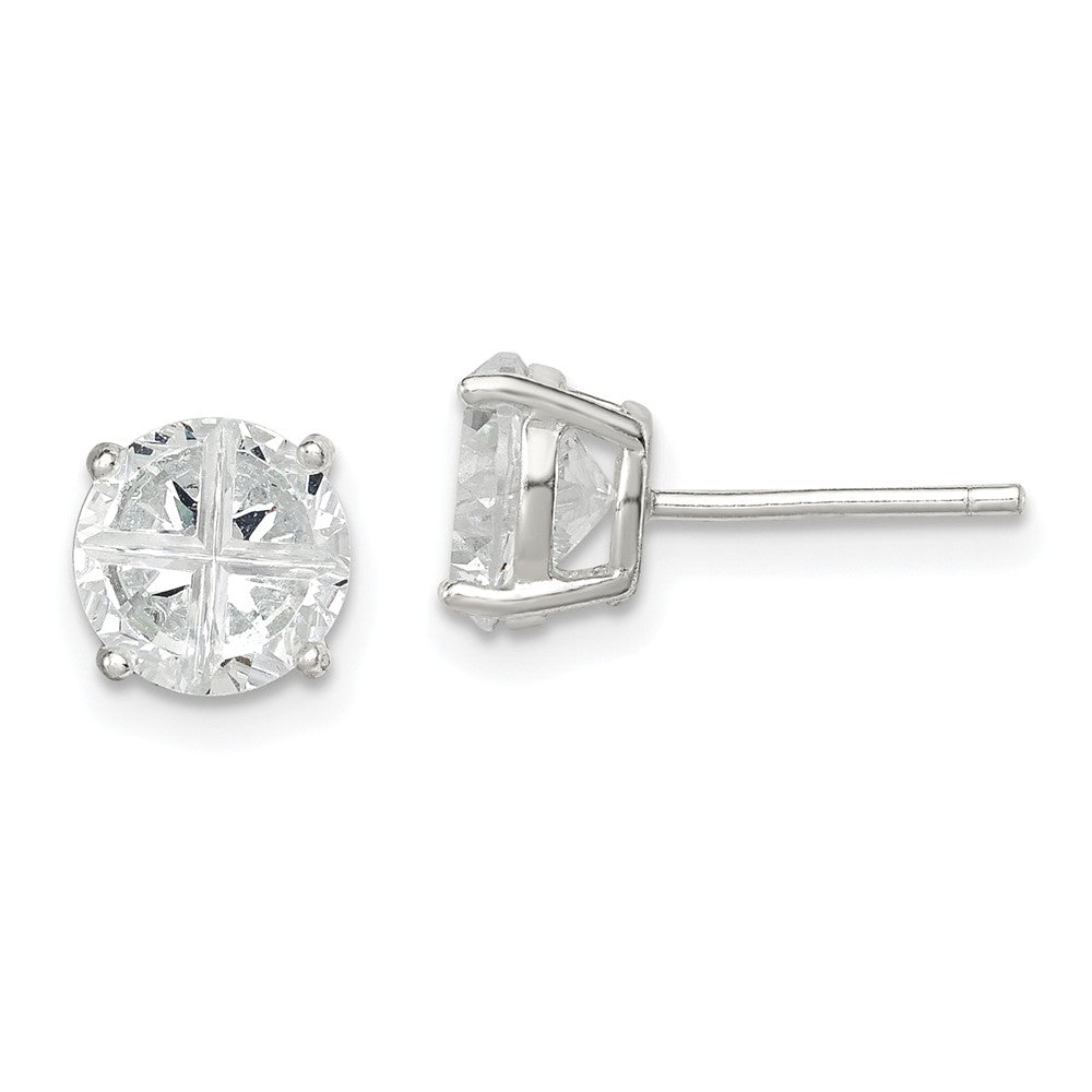 Sterling Silver 7mm Round Basket Set Cross-cut CZ Stud Earrings, 7 x 7 mm