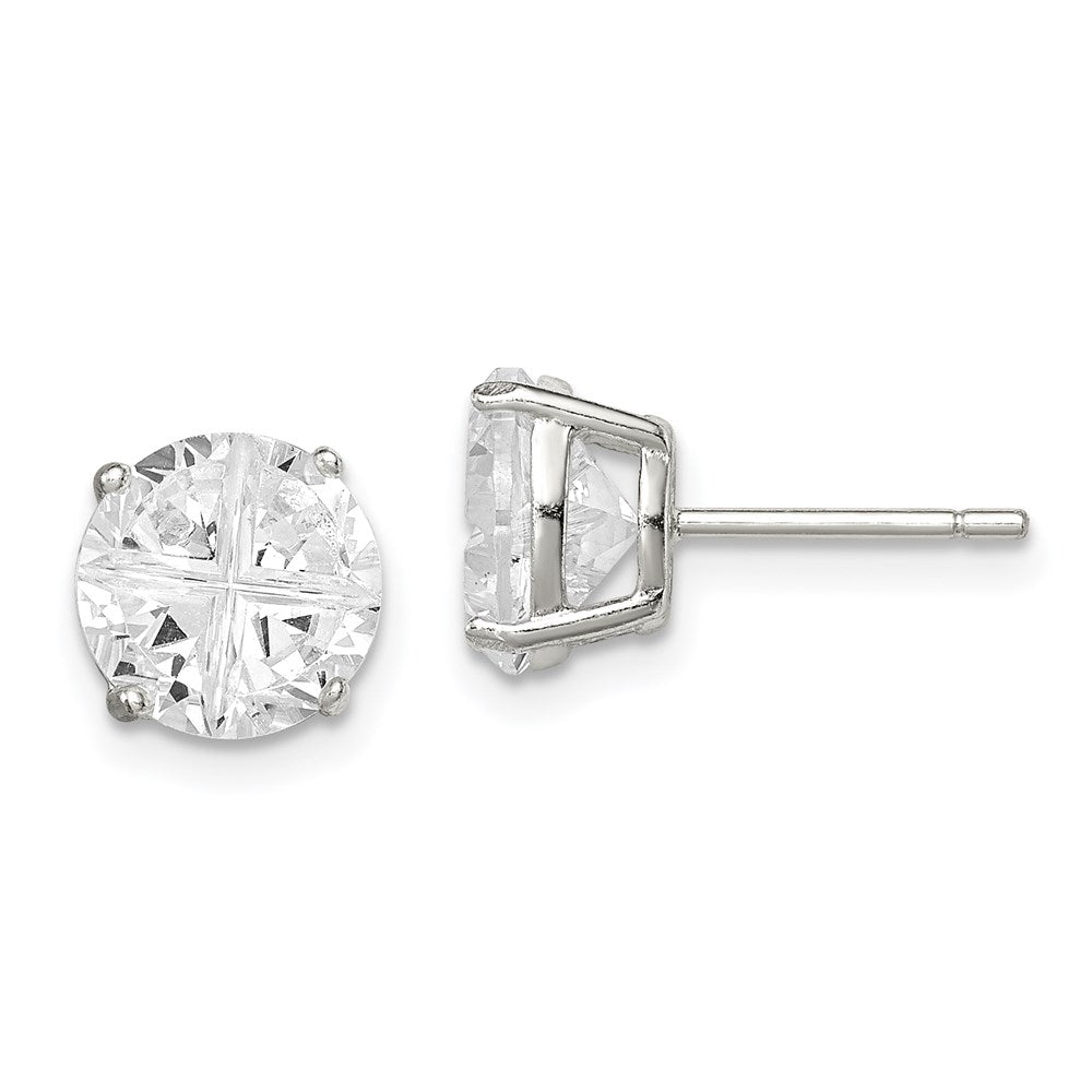 Sterling Silver 8mm Round Basket Set Cross-cut CZ Stud Earrings, 8 x 8 mm
