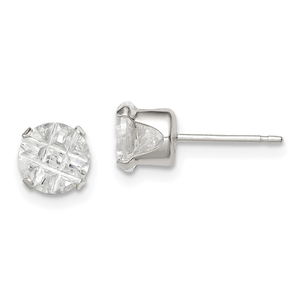 Sterling Silver 6mm Round Snap Set Laser-cut CZ Stud Earrings, 6 x 6 mm