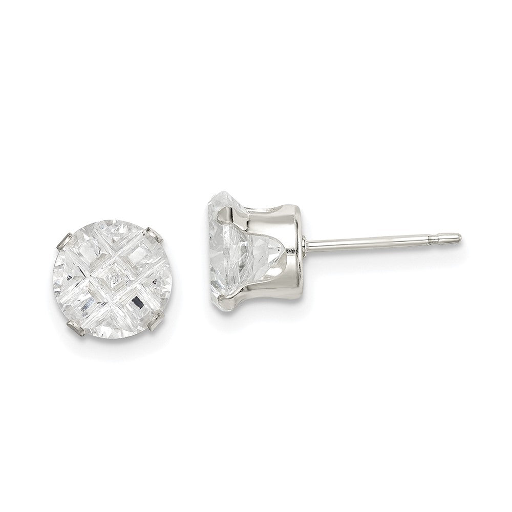 Sterling Silver 7mm Round Snap Set Laser-cut CZ Stud Earrings, 7 x 7 mm
