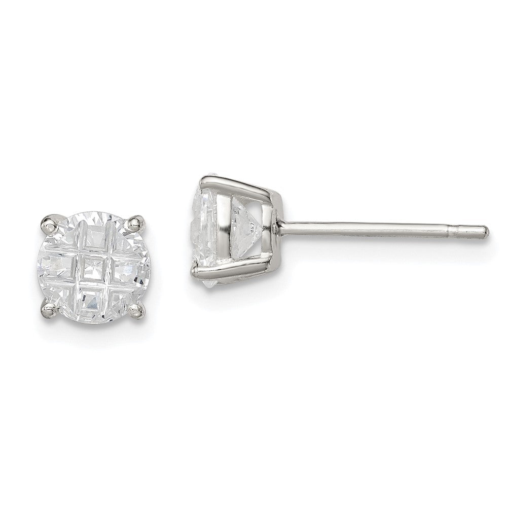 Sterling Silver 6mm Round Basket Set Laser-cut CZ Stud Earrings, 6 x 6 mm