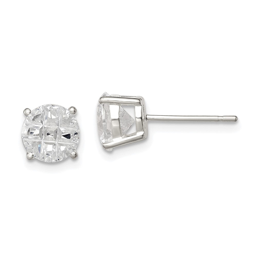 Sterling Silver 7mm Round Basket Set Laser-cut CZ Stud Earrings, 7 x 7 mm