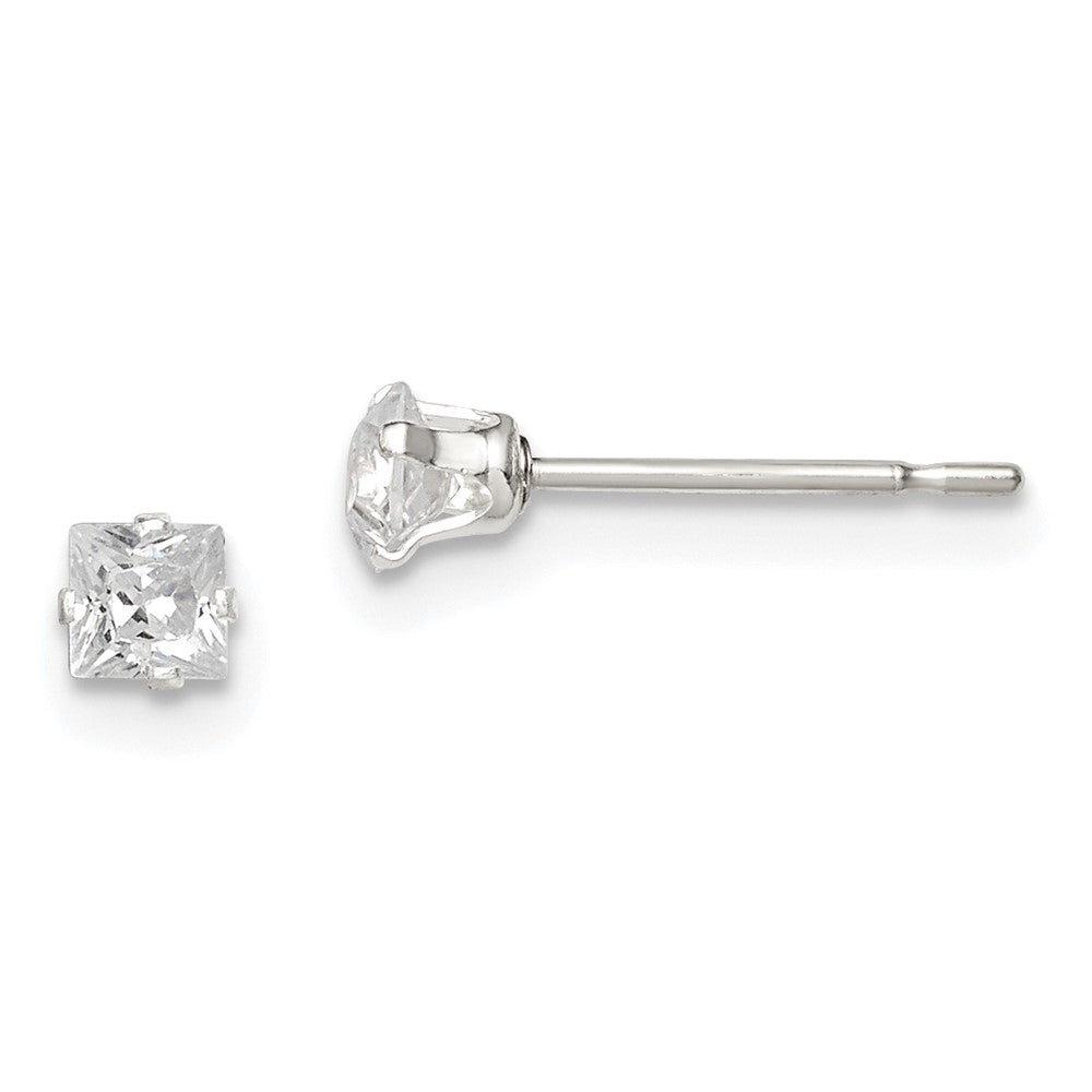 Sterling Silver 3mm Square Snap Set CZ Stud Earrings, 3 x 3 mm