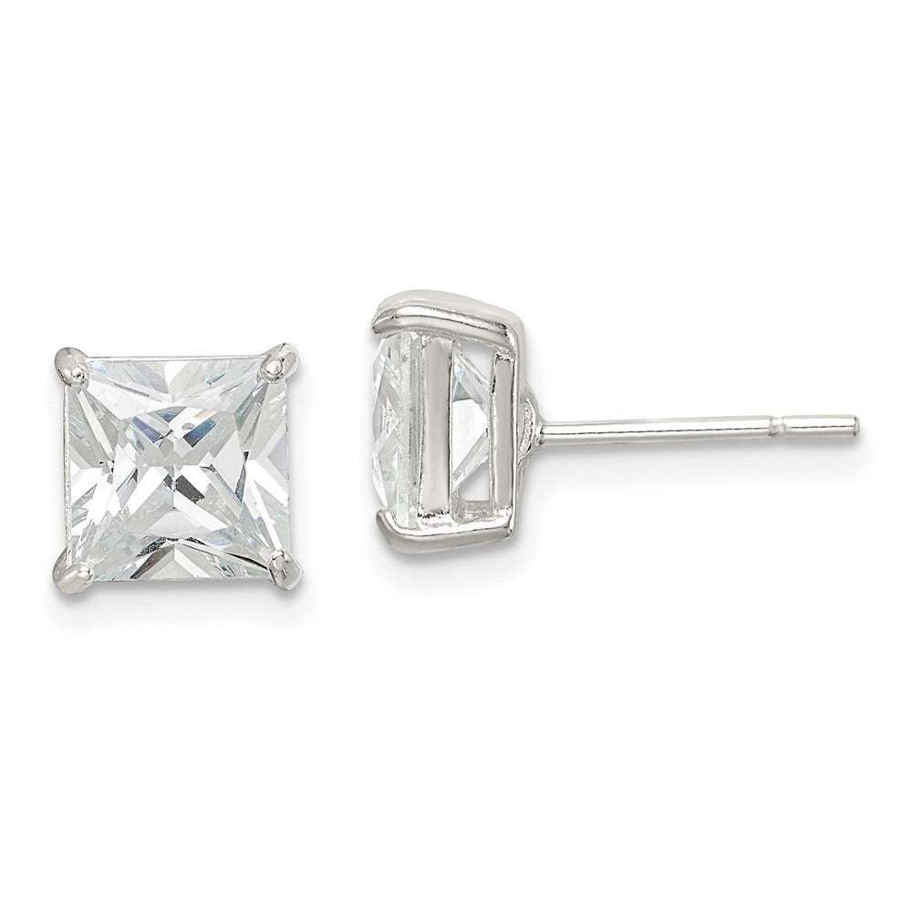Sterling Silver 7mm Square CZ Basket Set Stud Earrings, 7 x 7 mm