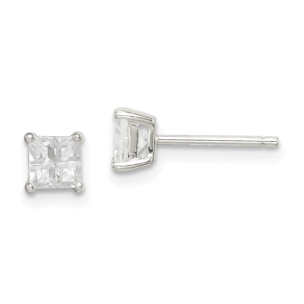 Sterling Silver 4mm Square Cross-cut CZ Basket Set Stud Earrings, 4 x 4 mm