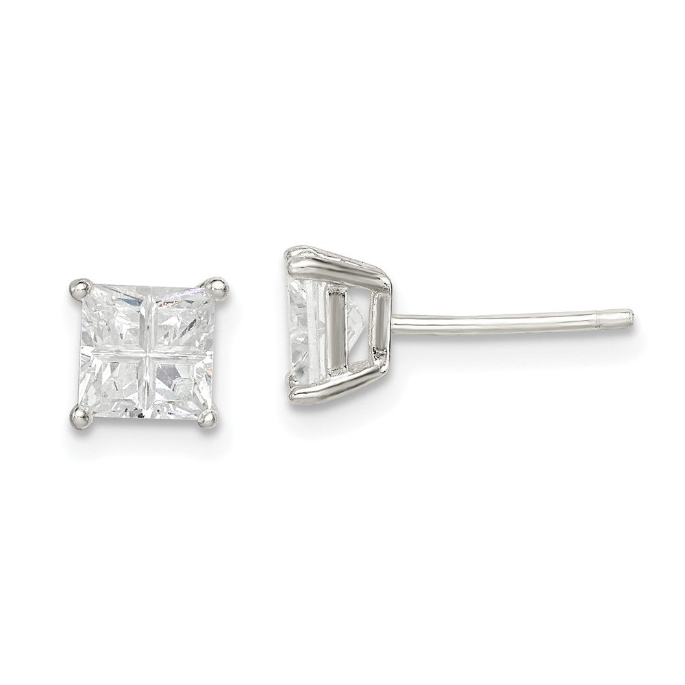 Sterling Silver 5mm Square Cross-cut CZ Basket Set Stud Earrings, 5 x 5 mm