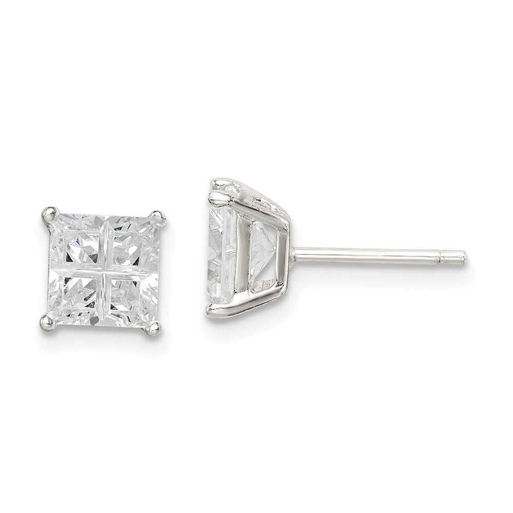 Sterling Silver 6mm Square Cross-cut CZ Basket Set Stud Earrings, 6 x 6 mm