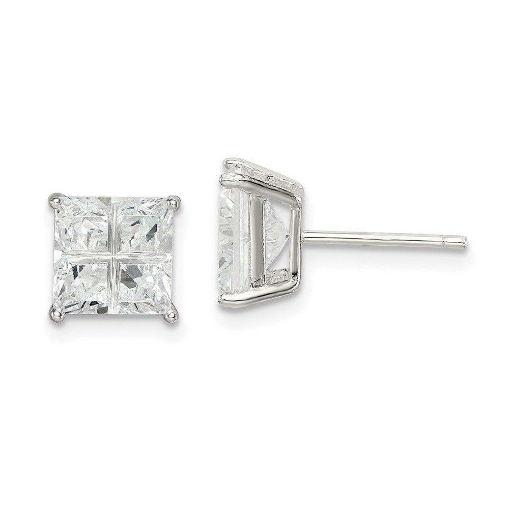 Sterling Silver 7mm Square Cross-cut CZ Basket Set Stud Earrings, 7 x 7 mm