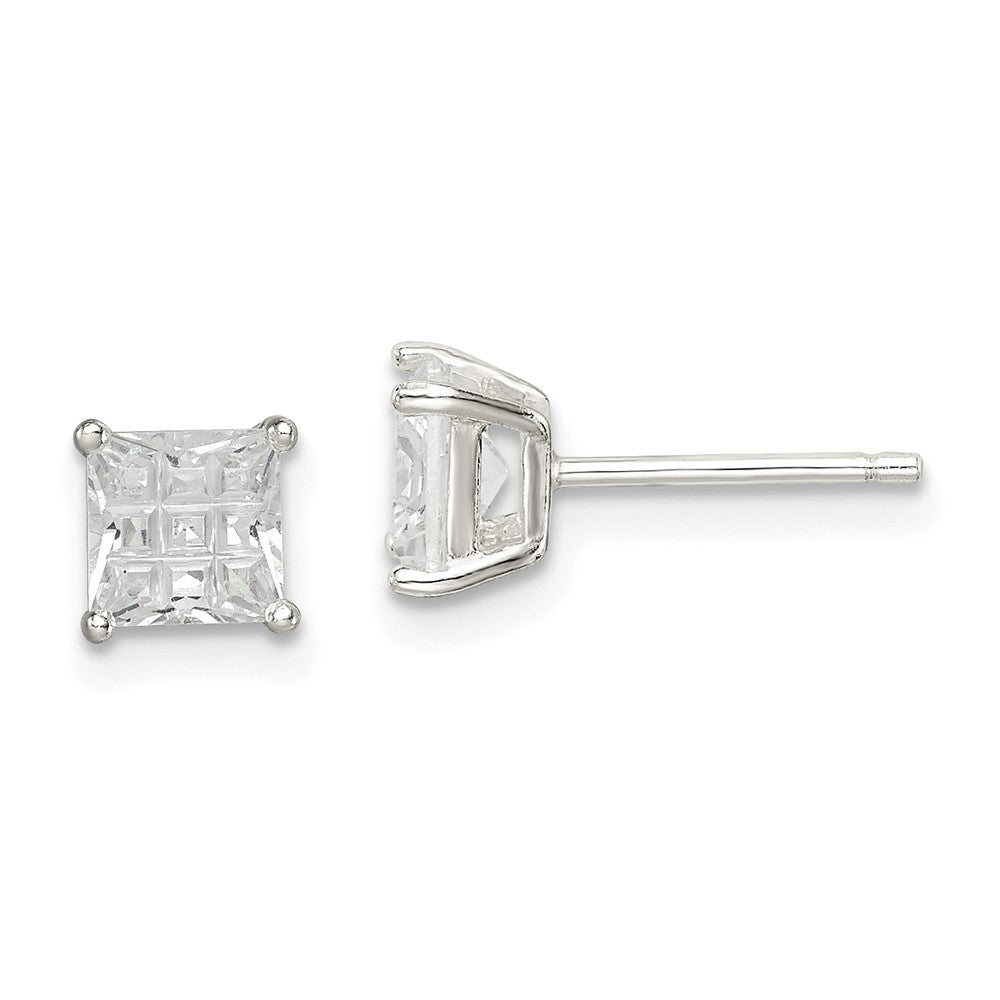Sterling Silver 5mm Square Laser-cut CZ Basket Set Stud Earrings, 5 x 5 mm