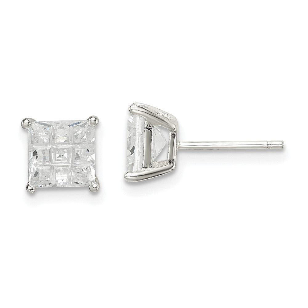 Sterling Silver 6mm Square Laser-cut CZ Basket Set Stud Earrings, 6 x 6 mm
