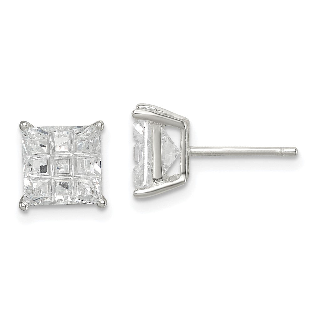 Sterling Silver 7mm Square Laser-cut CZ Basket Set Stud Earrings, 7 x 7 mm