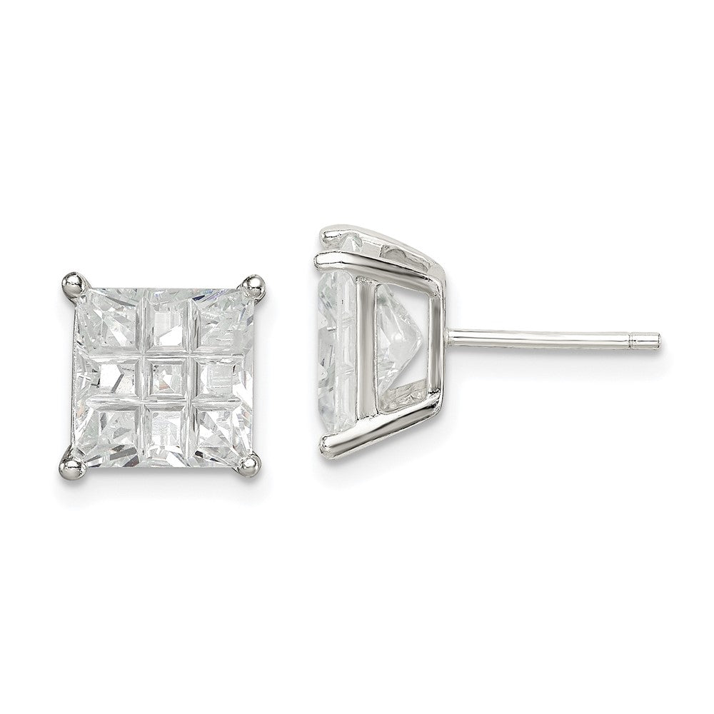 Sterling Silver 8mm Square Laser-cut CZ Basket Set Stud Earrings, 8 x 8 mm