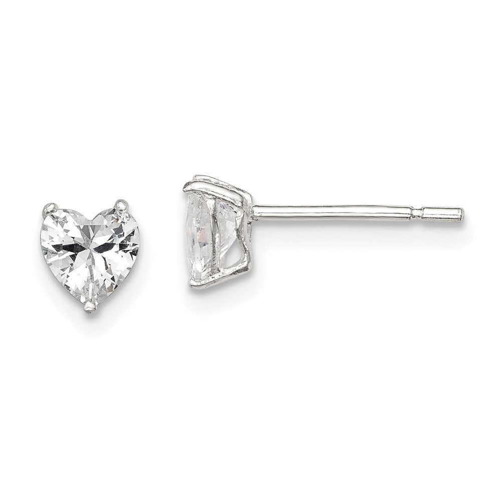 Sterling Silver Polished 5mm Heart 3 Prong Basket Set CZ Stud Earrings, 5 x 5 mm