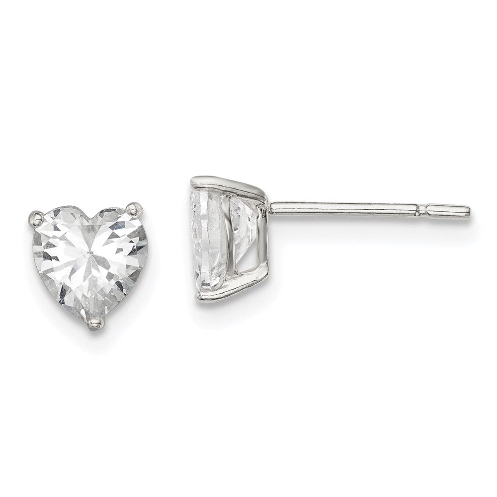 Sterling Silver Polished 6mm Heart 3 Prong Basket Set CZ Stud Earrings, 6 x 6 mm