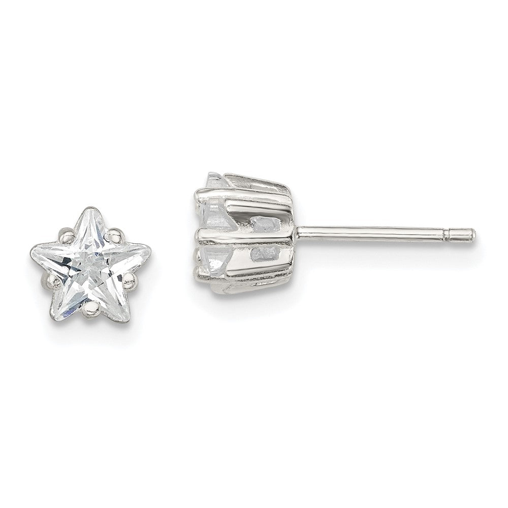 Sterling Silver Polished 6mm Star Basket Set CZ Stud Earrings, 6 x 6 mm
