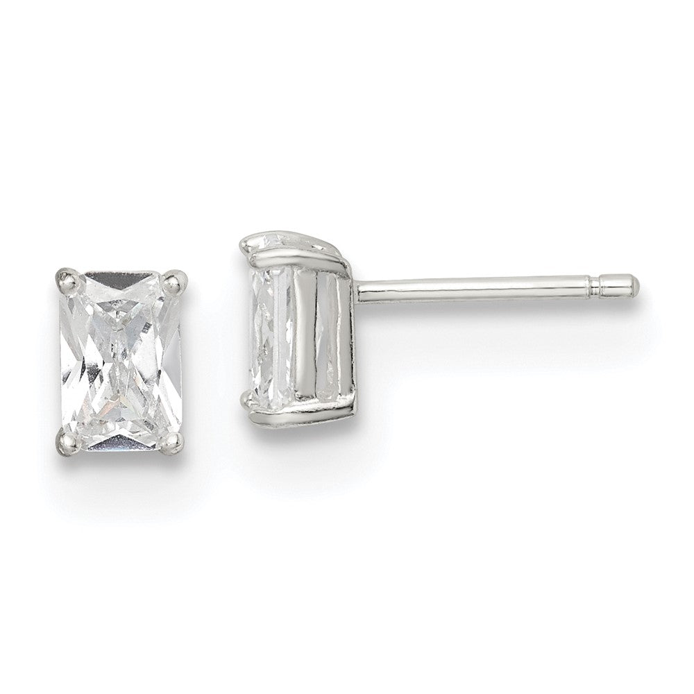 Sterling Silver Polished Emerald-cut 6x4mm Basket Set CZ Stud Earrings, 6 x 4 mm