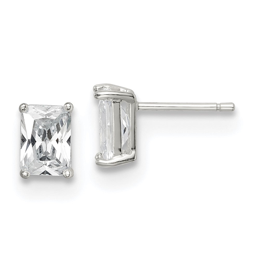 Sterling Silver Polished Emerald-cut 7x5mm Basket Set CZ Stud Earrings, 7 x 5 mm