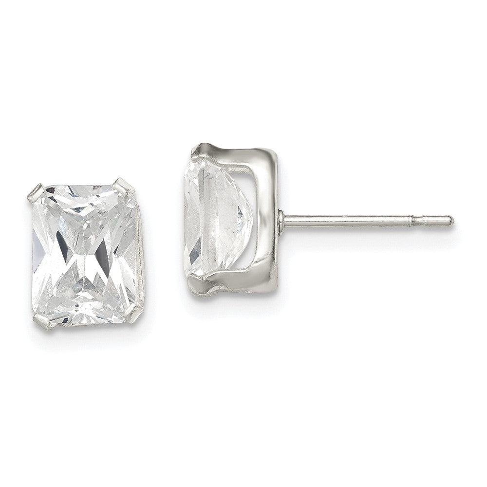 Sterling Silver Polished Emerald-cut 8x6mm Basket Set CZ Stud Earrings, 8 x 6 mm
