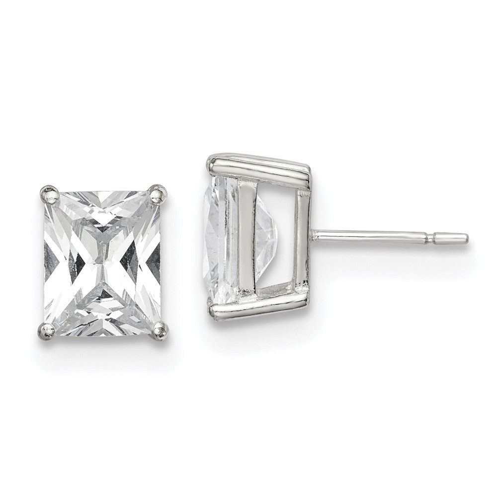 Sterling Silver Polished Emerald-cut 10x8mm Basket Set CZ Stud Earrings, 10 x 8 mm
