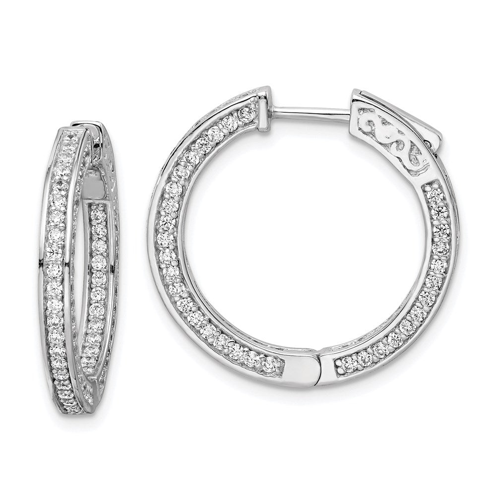 Sterling Shimmer Sterling Silver Rhodium-plated 200 Stone 1.3mm CZ In and Out Round Hinged Hoop Earrings, 22.7 x 24 mm