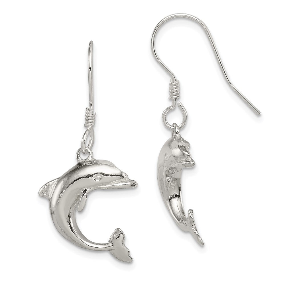 Sterling Silver Dolphin Earrings, 30 x 17 mm