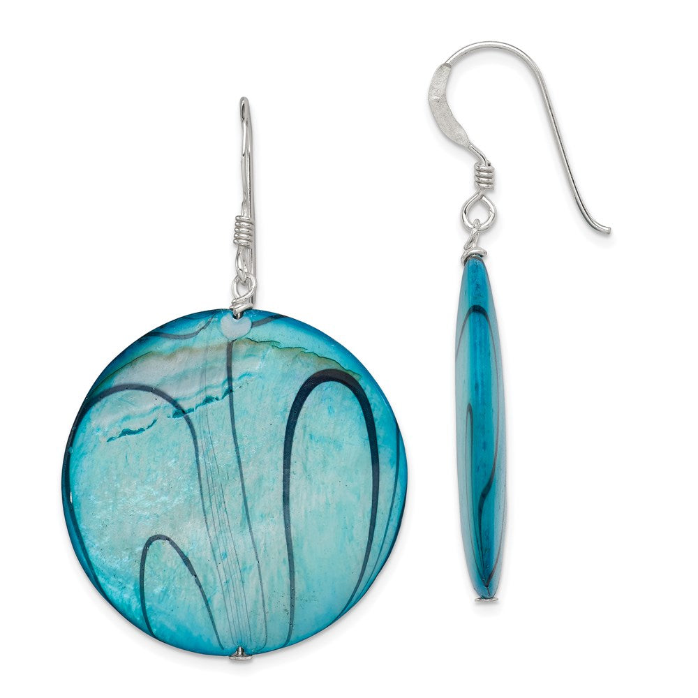 Sterling Silver Polished Blue Mother of Pearl Circle Dangle Earrings, 46 x 31 mm