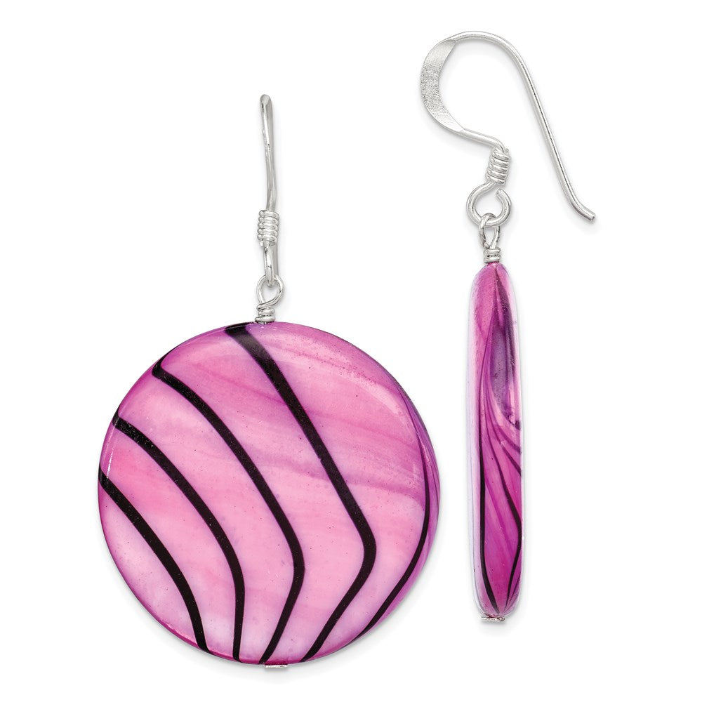 Sterling Silver Polished Pink & Black Mother of Pearl Disc Dangle Earrings, 46 x 30 mm