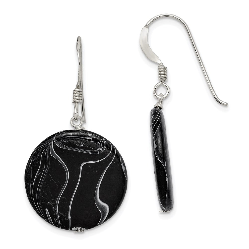 Sterling Silver Polished Black Agate Disc Dangle Earrings, 41 x 20 mm