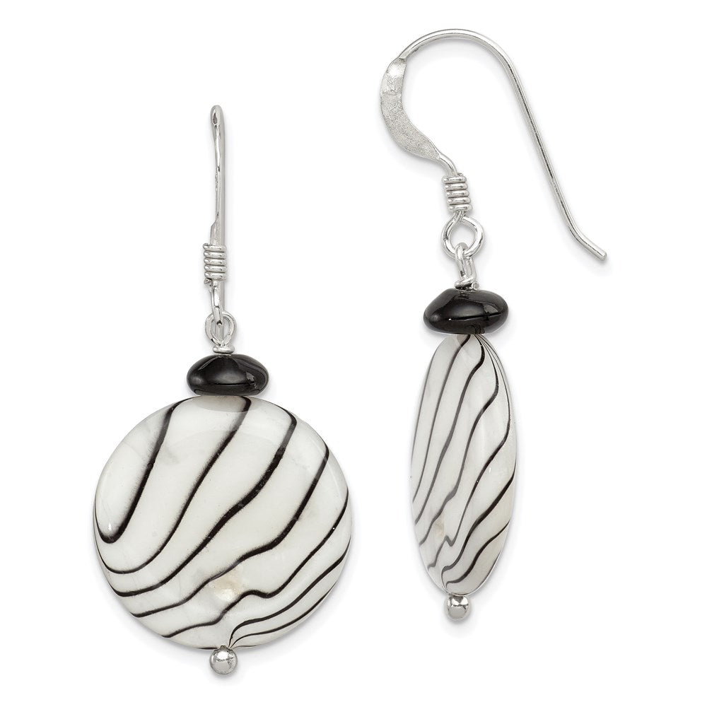 Sterling Silver Polished Black Agate/Zebra Mother of Pearl Dangle Earrings, 41 x 20 mm
