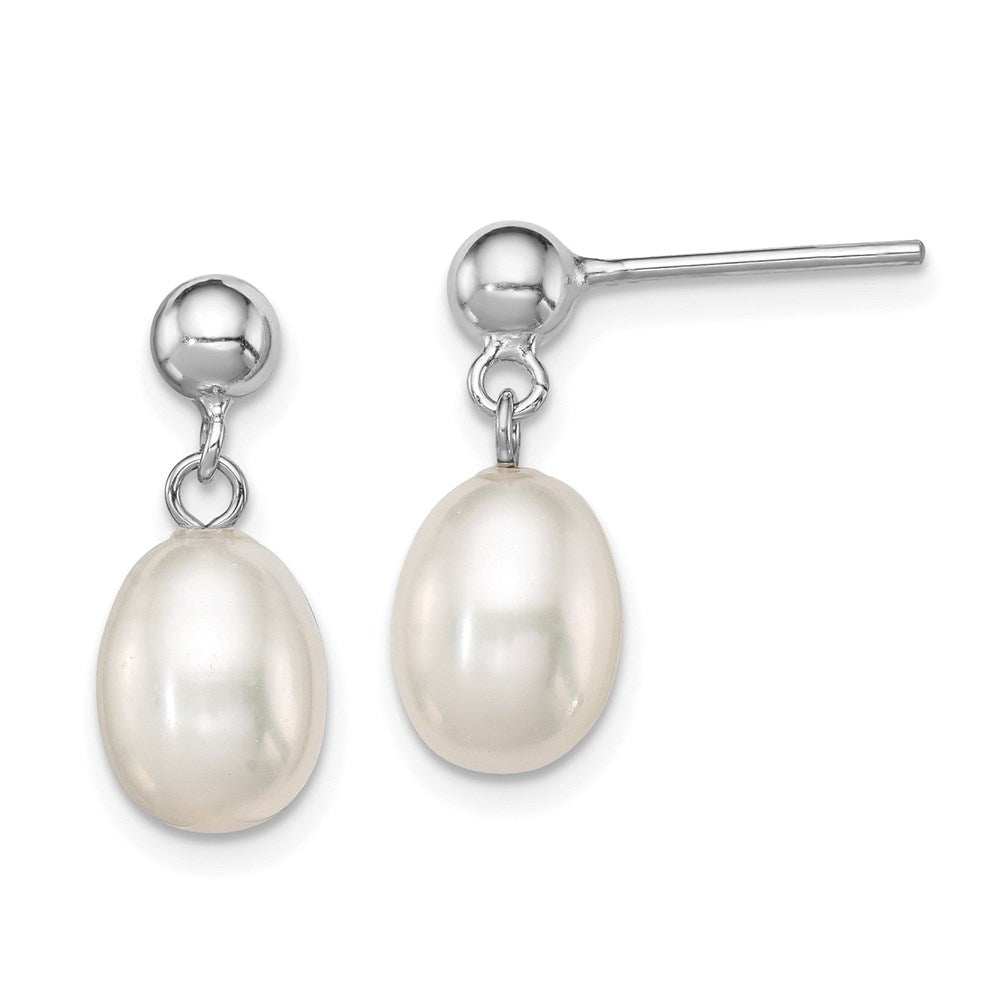 Sterling Silver Rhodium-plated 7-8mm White Rice Freshwater Cultured Pearl Post Dangle Earrings, 17 mm