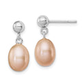 Sterling Silver Rhodium-plated 7-8mm Pink Teardrop Freshwater Cultured Pearl Post Dangle Earrings, 17 mm