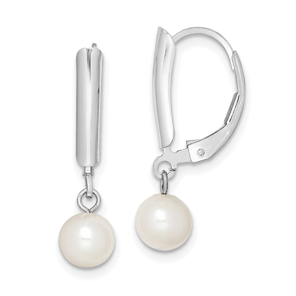 Sterling Silver Rhodium-plated 6-7mm White Round Freshwater Cultured Pearl Leverback Dangle Earrings, 23 mm, 0.72 g