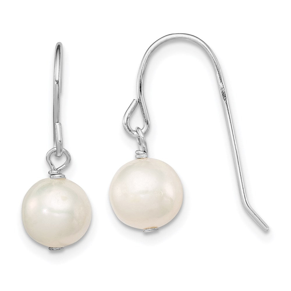 Sterling Silver Rhodium-plated 7-8mm White Semi-Round Freshwater Cultured Pearl Dangle Earrings, 19 mm