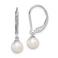 Sterling Silver Rhodium-plated 6-7mm White Round Freshwater Cultured Pearl Leverback Dangle Earrings, 23 mm, 0.59 g
